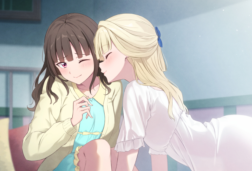 2girls bed bedroom blonde_hair blush bow brown_hair camisole closed_eyes hair_bow highres imminent_kiss indoors long_hair multiple_girls nekoyashiki_mayu nekoyashiki_yuki nuenue one_eye_closed pink_eyes precure smile sunlight vest wonderful_precure! yuri