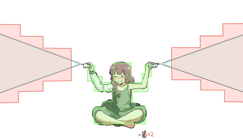 1girl alcohol_carton black_jacket blunt_bangs blush bocchi_the_rock! bow breasts cleavage closed_eyes closed_mouth collarbone dress drinking_straw energy_beam fang fang_out fighting_game full_body green_bow green_dress hair_bow hair_over_shoulder hands_up hiroi_kikuri hitbox hokuto_no_ken hokuto_no_ken:_shinpan_no_sousousei_kengou_retsuden hokuto_ujou_hagan_ken holding_carton indian_style jacket long_hair low-braided_long_hair low-tied_long_hair medium_dress multicolored_jacket nose_blush open_clothes open_jacket pink_hair simple_background sitting smile solo toki_(hokuto_no_ken) torako_(toramaru) two-tone_jacket white_background white_jacket