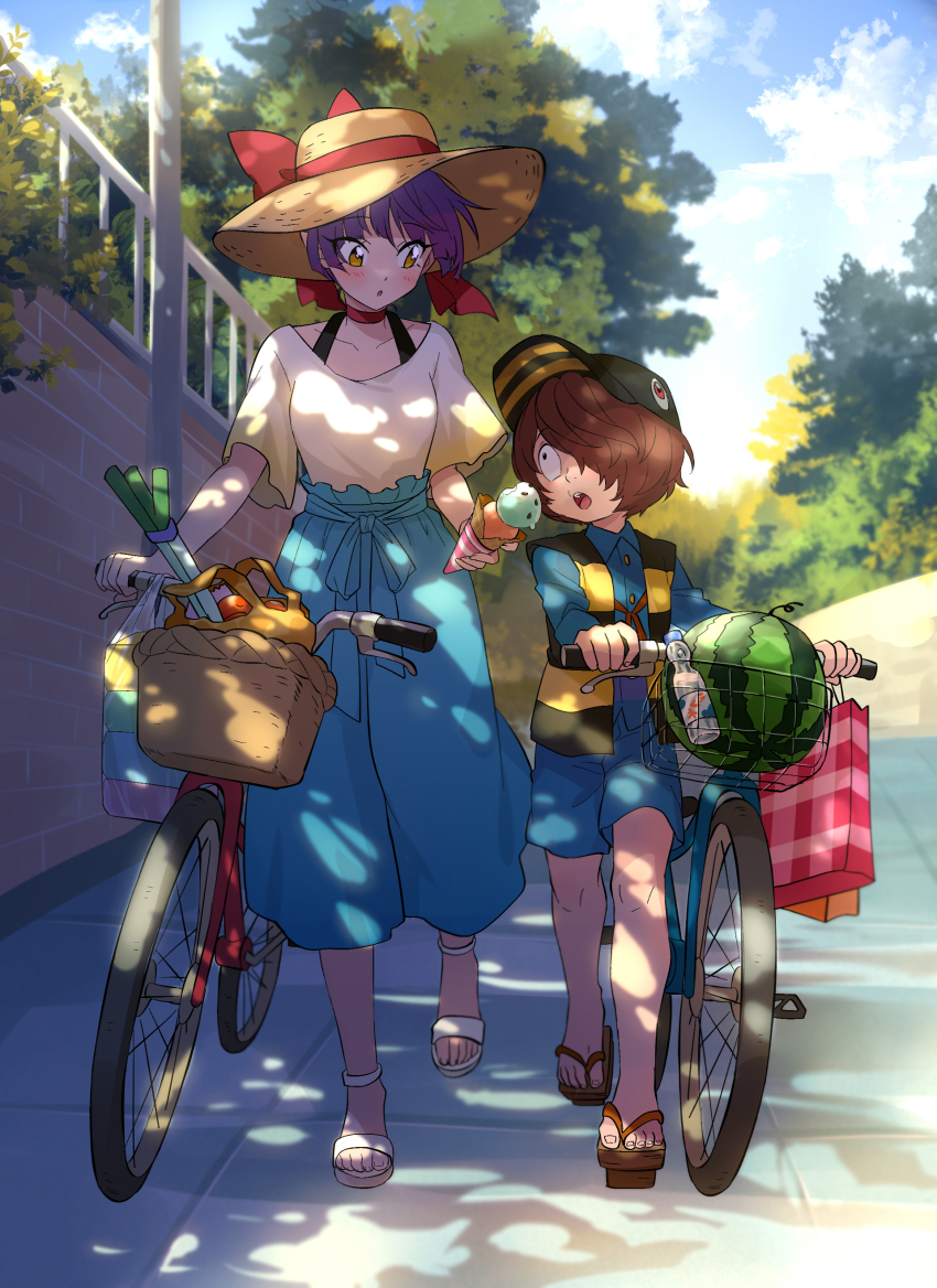 1boy 1girl absurdres bag baseball_cap bicycle bicycle_basket blouse blush bottle brown_hair cat_girl chanchanko_(clothes) cloud cloudy_sky dappled_sunlight food fruit gegege_no_kitarou grocery_bag hair_over_one_eye hakama hakama_pants hat highres ice_cream japanese_clothes kitarou nekomusume nekomusume_(gegege_no_kitarou_6) open_mouth pants purple_hair ramune sandals shirt shopping_bag silanduqiaocui sky spring_onion straw_hat sunlight tree tree_shade water_bottle watermelon yellow_eyes