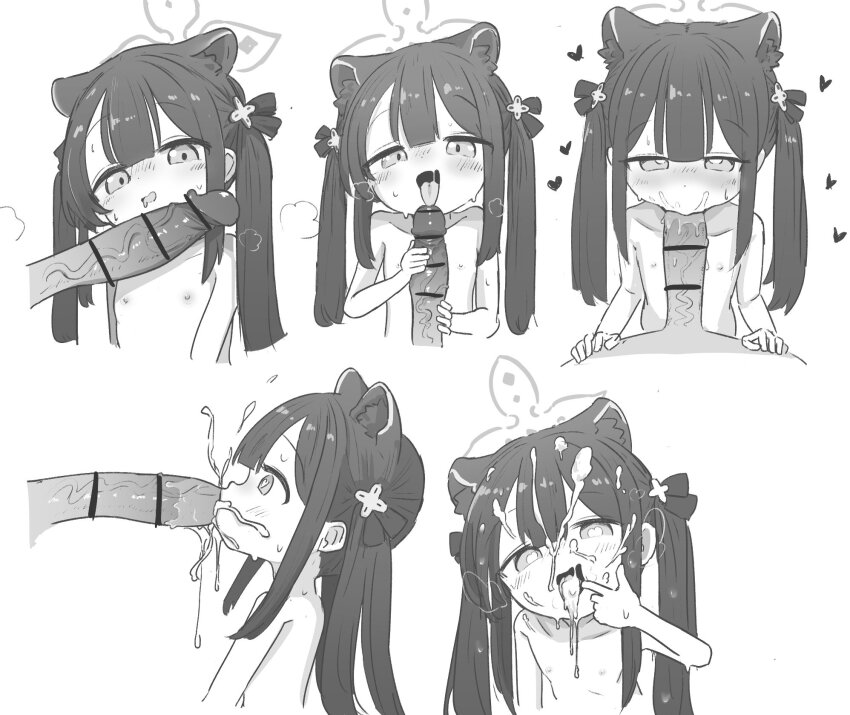 animal_ear_fluff animal_ears bar_censor blue_archive censored cum cum_in_mouth cum_on_body drooling facial fellatio finger_in_own_mouth flat_chest hair_ornament halo heart heart-shaped_pupils highres licking licking_penis loli mouth_drool oral penis shun_(blue_archive) shun_(small)_(blue_archive) symbol-shaped_pupils tongue tongue_out twintails ugggge3