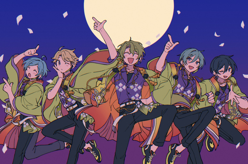 5boys arm_up belt black_footwear black_pants confetti ensemble_stars! furisode_sleeves gradient_background happy hidaka_hokuto huge_moon kazehaya_tatsumi knee_up layered_clothes male_focus moon multiple_boys narukami_arashi niyororinpayamaru pants pointing pointing_up purple_shirt shinkai_kanata shirt shoes side-by-side sneakers standing standing_on_one_leg tomoe_hiyori white_belt