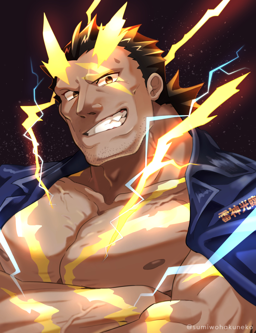 1boy bara bare_pectorals black_background brown_eyes commentary dark-skinned_male dark_skin facial_hair grin highres jacket jacket_on_shoulders large_pectorals lightning looking_at_viewer low_ponytail male_focus muscular muscular_male nipples pectorals ponytail smile solo stubble sumi_wo_hakuneko taishakuten_(housamo) tokyo_houkago_summoners translation_request twitter_username upper_body veins
