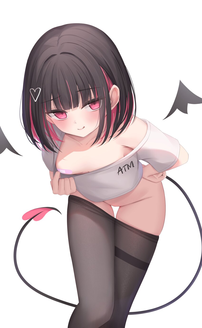 1girl :p absurdres bandaid bandaid_on_breast black_pantyhose breasts brown_hair colored_inner_hair demon_tail hand_on_own_hip heart highres indie_virtual_youtuber looking_at_viewer mini_wings multicolored_hair no_panties no_pussy pantyhose pink_eyes rikotan_(vtuber) shirt small_breasts solo tail tongue tongue_out twinn_22 virtual_youtuber white_background white_shirt wings
