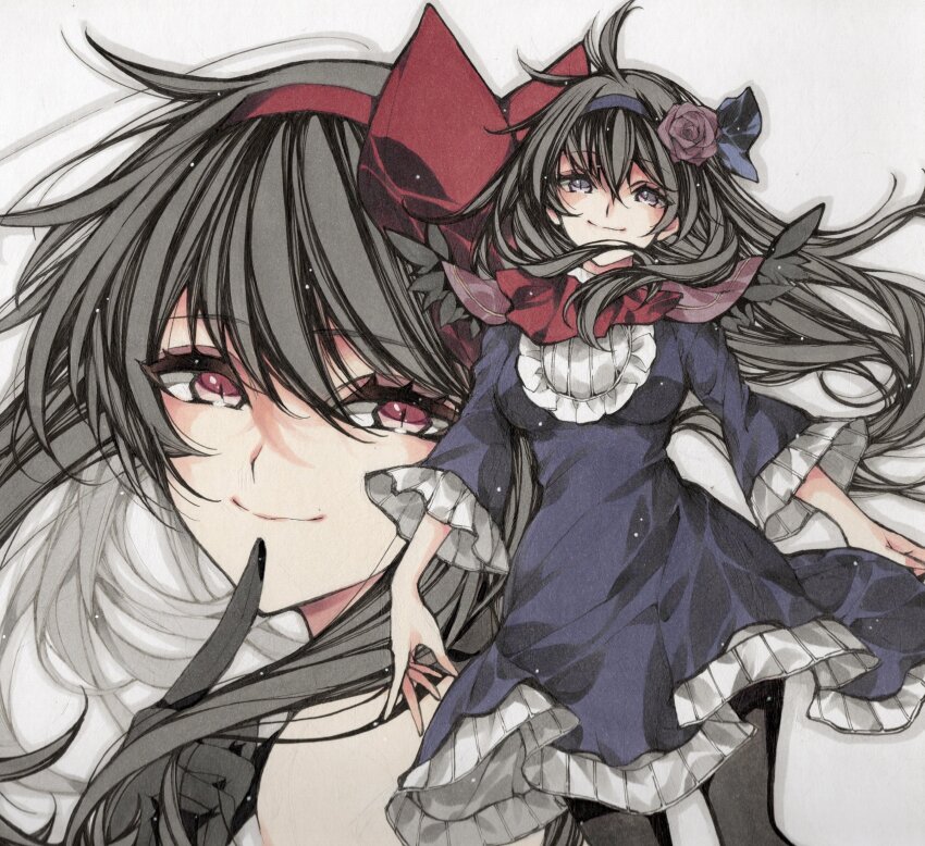 1girl absurdres akemi_homura akemi_homura_(black_dress) black_dress black_gloves black_hair black_pantyhose bow dress floating_hair flower frilled_dress frills gloves hair_bow hair_flower hair_ornament highres long_hair mahou_shoujo_madoka_magica mahou_shoujo_madoka_magica:_hangyaku_no_monogatari misteor multiple_views pantyhose purple_flower purple_rose red_bow rose smile very_long_hair