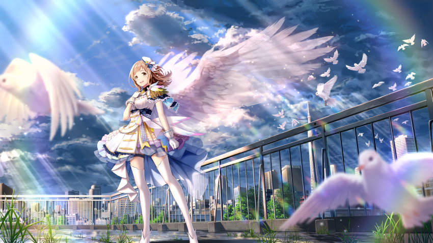 1girl absurdres angel angel_wings bird blue_sky blurry boots brown_eyes brown_hair building cityscape clothing_request cloud depth_of_field dove dress feathered_wings female_focus fence gloves grass hand_on_own_chest highres idolmaster idolmaster_shiny_colors light_rays macha0331 medium_hair open_mouth outdoors rainbow sakuragi_mano short_hair skirt sky skyscraper solo standing sunbeam sunlight tears thighhighs white_boots white_dress white_gloves white_thighhighs wide_shot wings