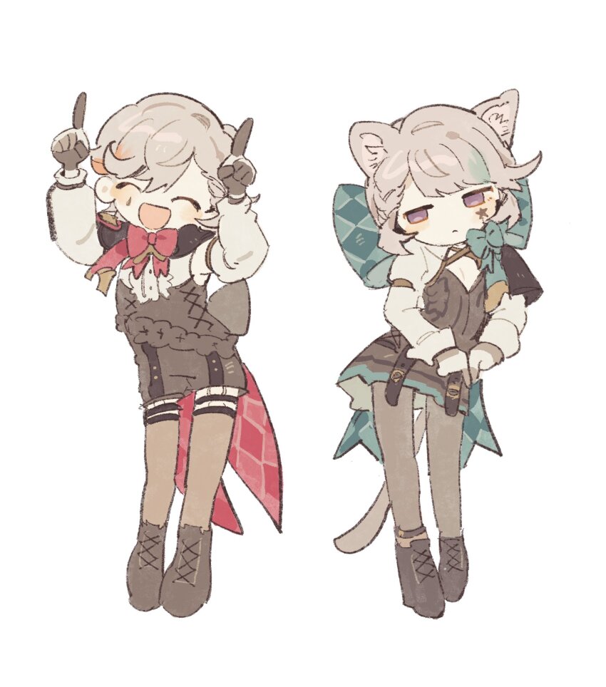 1boy 1girl animal_ears aqua_bow arms_up black_footwear black_shorts black_skirt boots bow bowtie brother_and_sister cat_ears cat_tail dada_dain full_body genshin_impact grey_hair grey_pantyhose grey_thighhighs highres internet_yamero long_hair low_ponytail lynette_(genshin_impact) lyney_(genshin_impact) pantyhose pointing pointing_down pointing_up ponytail purple_eyes red_bow red_bowtie shorts siblings sidelocks simple_background skirt tail thighhighs twins very_long_hair white_background