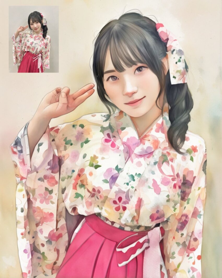 1girl aoki_hina asian black_eyes black_hair bow brown_background closed_mouth drill_hair floral_print floral_print_kimono furisode_sleeves hakama hakama_skirt hand_up highres ibispaint_(medium) japanese_clothes kimono long_sleeves looking_at_viewer mocaraneru nose photo_inset pink_bow pink_skirt print_kimono real_life realistic reference_inset salute side_drill skirt smile solo swept_bangs two-finger_salute upper_body voice_actor watercolor_effect white_kimono wide_sleeves
