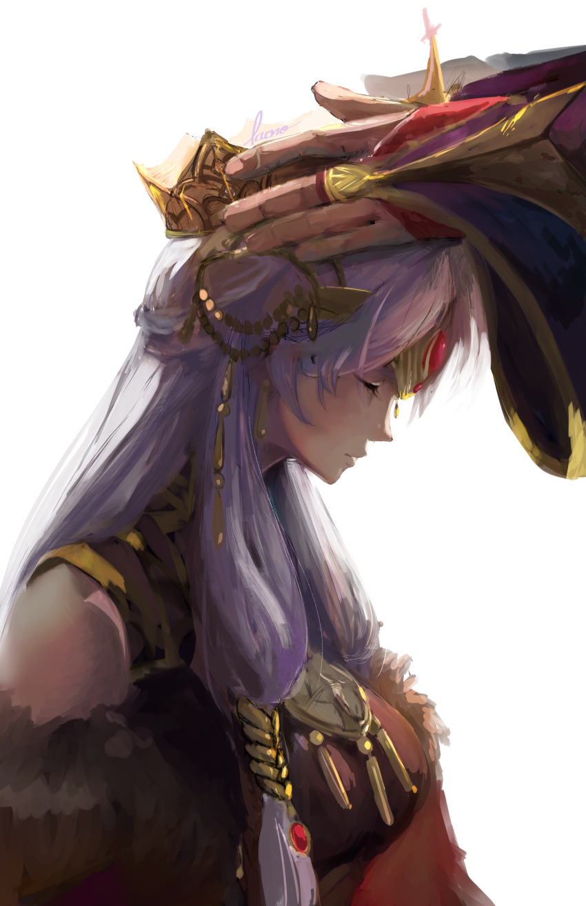 1girl absurdres bridal_gauntlets commentary_request coronation crown fire_emblem fire_emblem:_radiant_dawn highres holding holding_crown long_hair micaiah_(fire_emblem) micaiah_(radiant_queen)_(fire_emblem) nanashi_kuno nintendo painterly signature solo_focus white_background