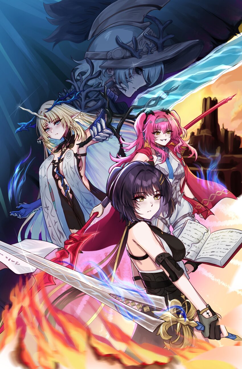 4girls absurdres armor bare_shoulders black_dress black_hair black_sclera blonde_hair blue_eyes blue_hair bodysuit book breastplate breasts closed_mouth collar colored_inner_hair colored_sclera commentary crown_of_thorns dress earrings elbow_pads english_commentary female_rover_(wuthering_waves) flareza fleurdelys_(wuthering_waves) floating_earrings hair_ornament hairband hairclip highres holding holding_book holding_sword holding_weapon horns jewelry large_breasts long_hair looking_at_viewer lupa_(wuthering_waves) medium_breasts metal_collar metal_hairband multicolored_hair multiple_girls mya_(wuthering_waves) open_book page_tear parallel_hairclips parted_bangs pink_hair pointy_ears red_sash revealing_layer reverse_grip rover_(wuthering_waves) sash sidelocks single_horn sword tabard tacet_mark_(wuthering_waves) twintails weapon white_bodysuit white_tabard wuthering_waves yellow_eyes yellow_horns