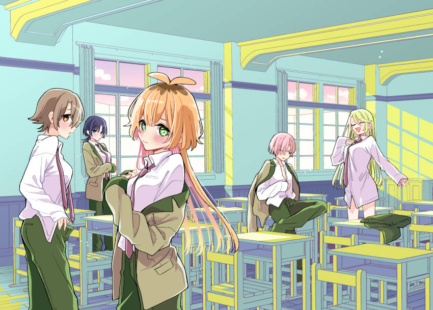 5girls antenna_hair asazuki_norito blazer blonde_hair blush breasts brown_eyes brown_hair brown_jacket chair character_request classroom closed_eyes closed_mouth collared_shirt commentary_request cover cover_page crossdressing crossdressing_(ftm) desk genderswap genderswap_(mtf) green_eyes green_pants hand_on_own_chest highres indoors jacket jacket_on_shoulders kimi_no_negai_ga_kanau_made long_hair long_sleeves looking_at_viewer manga_cover medium_breasts multiple_girls necktie no_pants official_art open_mouth pants pink_hair purple_hair red_necktie school_chair school_desk school_uniform shirt shishidou_minto short_hair sitting standing textless_version undone_necktie undressing unworn_pants wavy_mouth white_shirt window window_shadow