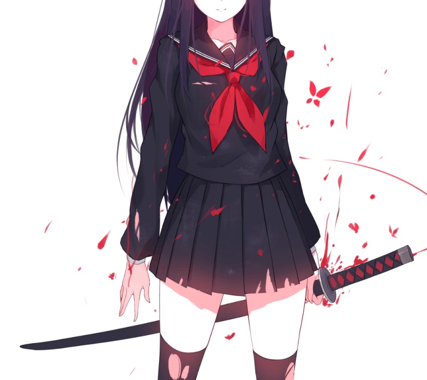 1girl black_hair black_sailor_collar black_serafuku black_shirt black_shoes black_skirt black_thighhighs blood blood_splatter blouse caidychen cel closed_mouth commentary faceless faceless_female facing_viewer female_focus holding holding_sword holding_weapon katana long_hair long_sleeves neckerchief original pleated_skirt purple_hair red_neckerchief sailor_collar school_uniform serafuku shirt shoes simple_background skirt smile solo standing sword thighhighs torn_clothes torn_shirt torn_skirt torn_thighhighs weapon white_background