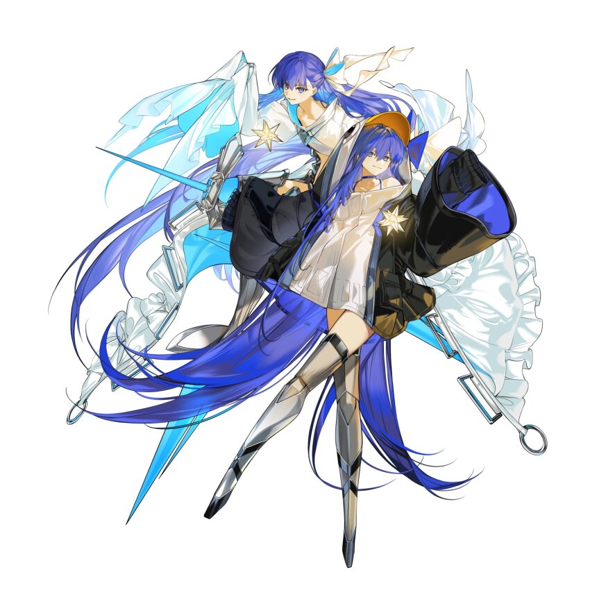 2girls animal_hood arlizi blue_choker blue_eyes choker coat fate/grand_order fate_(series) highres hood knee_spikes long_hair meltryllis meltryllis_(fate) meltryllis_(swimsuit_lancer)_(fate) meltryllis_(swimsuit_lancer)_(first_ascension)_(fate) meltryllis_(third_ascension)_(fate) multiple_girls penguin_hood prosthesis prosthetic_leg purple_hair sleeves_past_fingers sleeves_past_wrists smile very_long_hair white_background white_coat