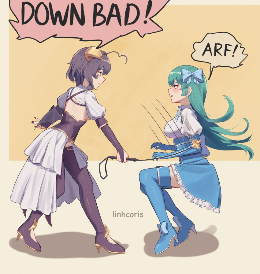 2girls absurdres ahoge artist_name black_nails blue_boots blue_bow blue_skirt blush boots bow breastless_clothes breasts bridal_gauntlets corset cross cross_facial_mark down_boy!!_(meme) english_text facial_mark fold-over_gloves footwear_bow forward_facing_horns frilled_skirt frills from_side green_hair hashtag-only_commentary high_heel_boots high_heels highres hiiragi_utena holding holding_riding_crop horns large_breasts linhcoris long_hair lowleg lowleg_pants magia_azure magia_baiser mahou_shoujo_ni_akogarete meme minakami_sayo multiple_girls pants parted_lips profile purple_corset riding_crop short_hair shrug_(clothing) simple_background skirt speech_bubble white_shrug yellow_background yellow_eyes yellow_horns yuri