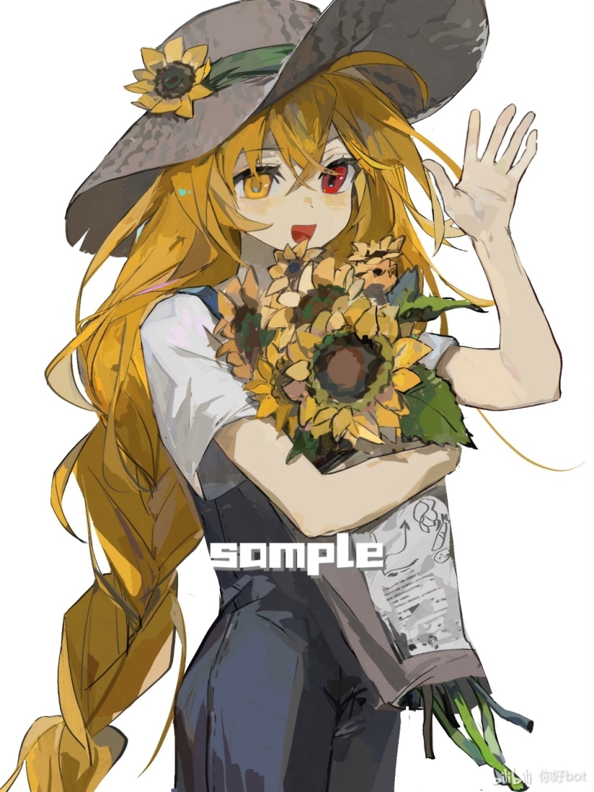 1girl blonde_hair blush bouquet chinese_commentary commentary_request dot_nose flower flower_on_head hair_between_eyes hand_up happy hat heterochromia highres holding holding_flower indie_virtual_youtuber kaofish long_bangs long_braid long_hair looking_at_viewer nihao_bot open_mouth overalls red_eyes sample_watermark short_sleeves simple_background sunflower upper_body very_long_hair watermark white_background yellow_eyes