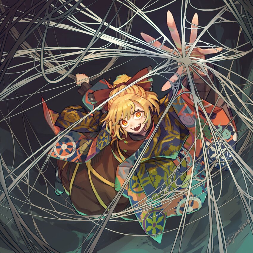1girl blonde_hair bow brown_dress buttons dress fangs hair_bow highres kijima_(amayadori-tei) kurodani_yamame looking_at_viewer open_mouth short_hair silk solo spider_web touhou yellow_eyes