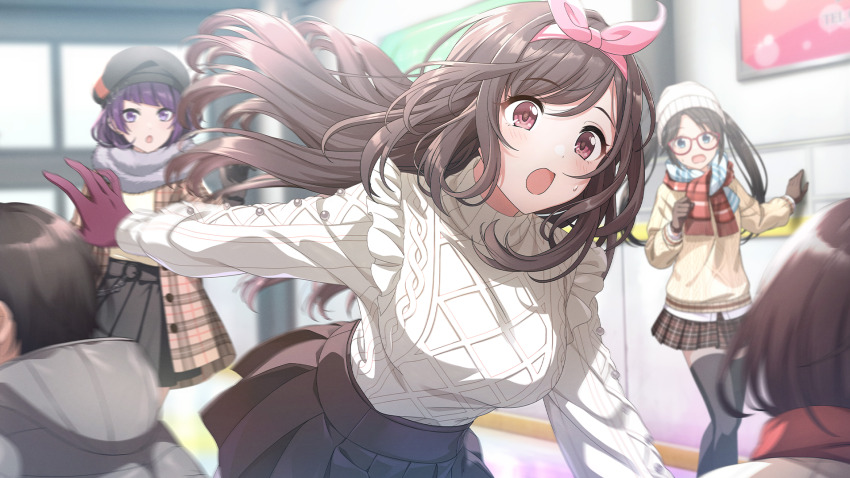 blue_eyes brown_hair buttons coat game_cg glasses gloves hairband hat highres hood idolmaster idolmaster_shiny_colors idolmaster_shiny_colors_song_for_prism mitsumine_yuika official_art open_mouth purple_eyes purple_hair red_eyes scarf skirt sweater tanaka_mamimi thighhighs tsukioka_kogane twintails
