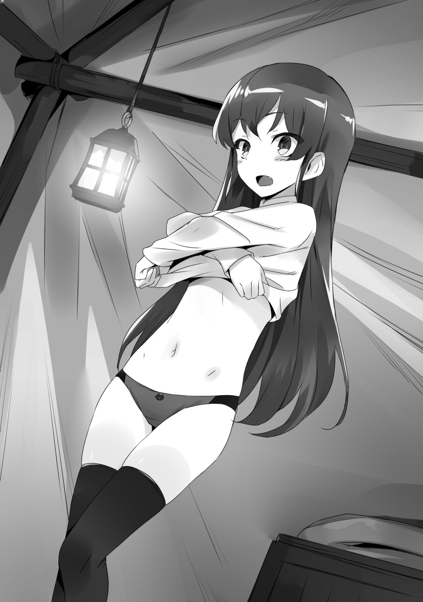 1girl blush blush_stickers changing_clothes character_request clothes_lift embarrassed female_focus greyscale highres isekai_wa_smartphone_to_tomo_ni. lifting_own_clothes long_hair looking_at_viewer monochrome navel nia_belmott novel_illustration official_art open_mouth panties shirt_lift skindentation solo standing tent thighhighs thighs underwear undressing usatsuka_eiji very_long_hair