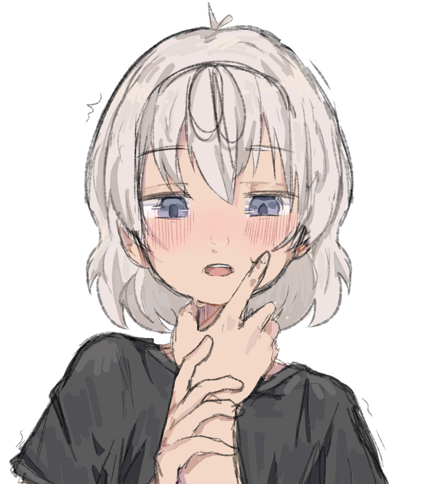 1girl absurdres black_shirt blue_eyes blush bow hanamura_hinako hand_on_another&#039;s_arm hands_on_neck highres kitanai_kimi_ga_ichiban_kawaii mydnam.art open_mouth pov pov_hands shirt simple_background sweat sweatdrop teeth upper_teeth_only white_background white_hair
