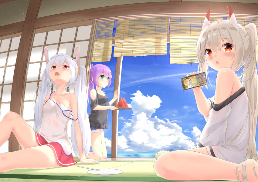 3girls absurdres alternate_costume animal_ears ayanami_(azur_lane) ayanami_(niconico)_(azur_lane) azur_lane blue_sky breasts carrying casual cellphone cleavage cloud cloudy_sky collarbone commentary_request contemporary dual_persona eyes_visible_through_hair fake_animal_ears fisheye food from_side fruit game_screenshot green_eyes hair_ornament hairpin hand_fan headgear highres holding horizon javelin_(azur_lane) kayari_buta kneeling laffey_(azur_lane) long_hair looking_at_viewer looking_to_the_side looking_up multiple_girls ocean orange_eyes oversized_clothes oversized_shirt paper_fan parted_lips phone pleated_skirt ponytail purple_hair rabbit_ears red_eyes red_skirt revision screenshot_inset shirt shorts shouji sidelocks sironora sitting skirt sky sliding_doors small_breasts smartphone smoke t-shirt tatami tray twintails uchiwa veranda wariza watermelon white_hair white_shirt wooden_floor