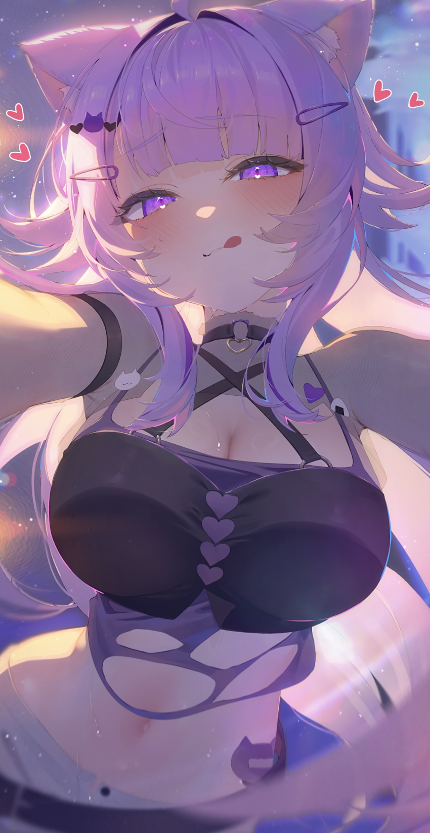 1girl :q absurdres ahoge animal_ear_fluff animal_ears bandaid_on_hip blunt_bangs blurry blurry_background breasts cat_ears cat_girl cat_tail choker cleavage commentary_request criss-cross_halter crop_top hair_ornament hairclip halterneck heart heart_in_eye highres hololive large_breasts licking_lips long_hair looking_at_viewer messy_hair navel nekomata_okayu nekomata_okayu_(personya_respect) o-ring o-ring_choker official_alternate_costume official_alternate_hair_length official_alternate_hairstyle open_fly pov purple_eyes purple_hair see-through_shrug shirt solo stomach symbol_in_eye tail tongue tongue_out torn_clothes torn_shirt virtual_youtuber yusha_(lv1_yusha_522)