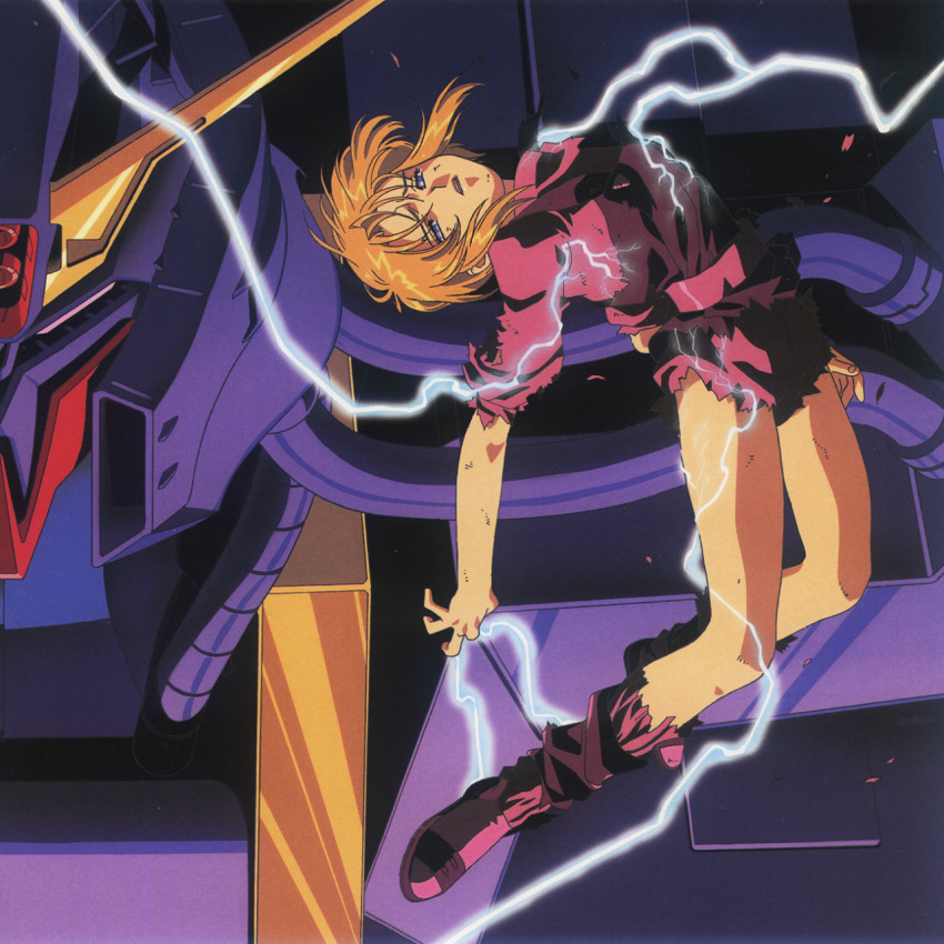 1990s_(style) 1girl beam_cannon blue_eyes boots commentary cover damaged debris dirty dvd_cover electricity electrocution elpeo_puru english_commentary gundam gundam_zz highres injury key_visual kitazume_hiroyuki looking_at_viewer machinery magazine_scan mecha mobile_armor mobile_suit muzzle official_art orange_hair pain production_art promotional_art psyco_gundam_mk_ii retro_artstyle robot scan science_fiction shorts torn_clothes traditional_media upper_body zero_gravity