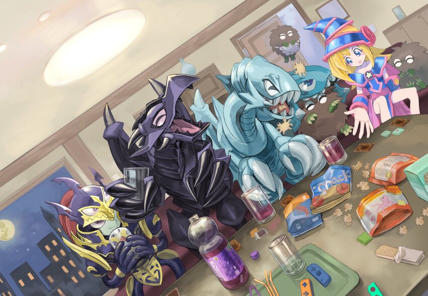 absurdres armor black_luster_soldier blonde_hair blue-eyes_toon_dragon blue-eyes_white_dragon closed_eyes dark_magician_girl dragon eating floating highres kuriboh red-eyes_black_dragon red-eyes_toon_dragon sharp_teeth teeth toon_black_luster_soldier toon_dark_magician_girl yu-gi-oh!