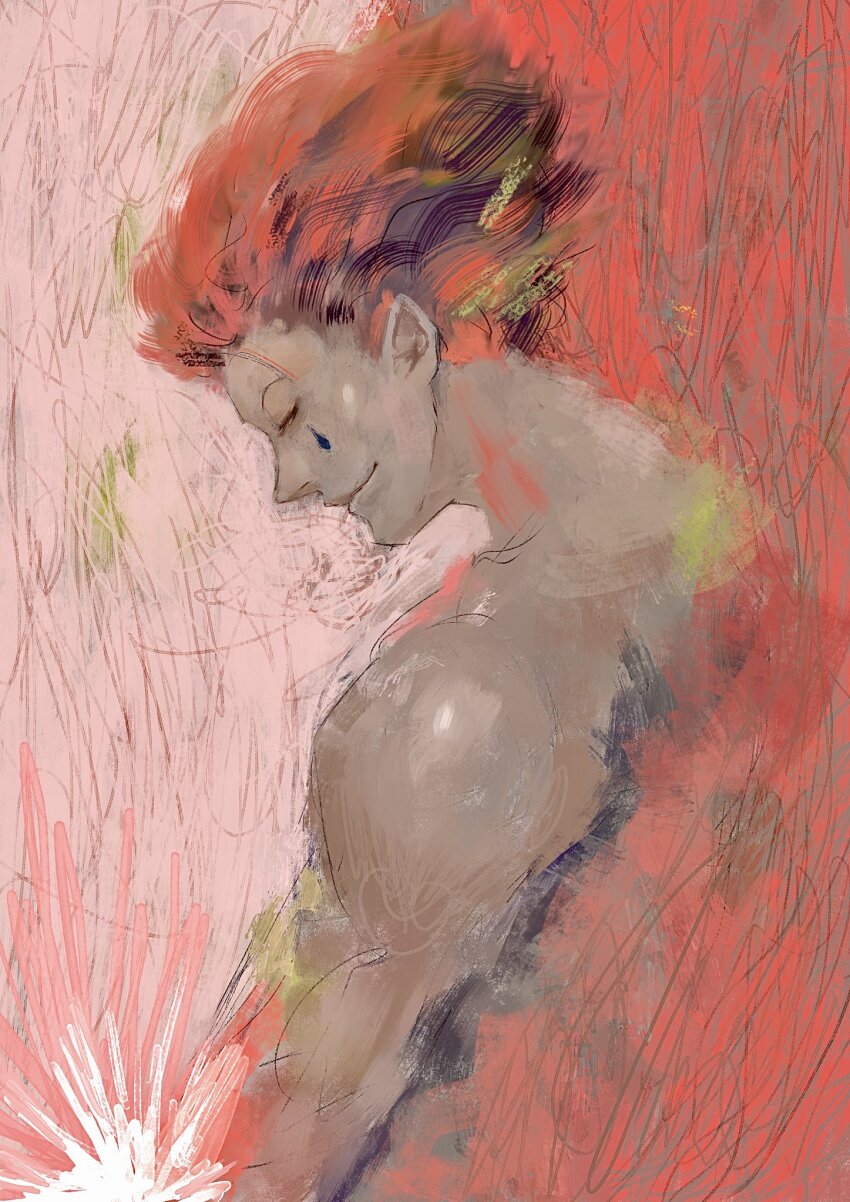 1boy closed_eyes closed_mouth from_side fuyumurasaki hair_slicked_back highres hisoka_morow hunter_x_hunter light_smile male_focus orange_hair short_hair smile solo teardrop_facial_mark topless_male upper_body