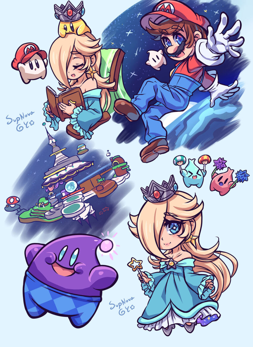 1boy 1girl bare_shoulders blonde_hair blue_eyes blush book brown_hair chair chibi closed_eyes comet_observatory crown facial_hair floating_hair gloves hat highres hungry_luma_(super_mario_galaxy) instrument long_hair luma_(mario) lumalee maracas mario mario_(series) mustache nintendo one_eye_covered open_mouth overalls rocking_chair rosalina rosie_(supnovagy) shoes sitting smile soles space sress star-shaped_pupils star_(sky) star_(symbol) super_mario_galaxy super_mario_galaxy_2 symbol-shaped_pupils wand