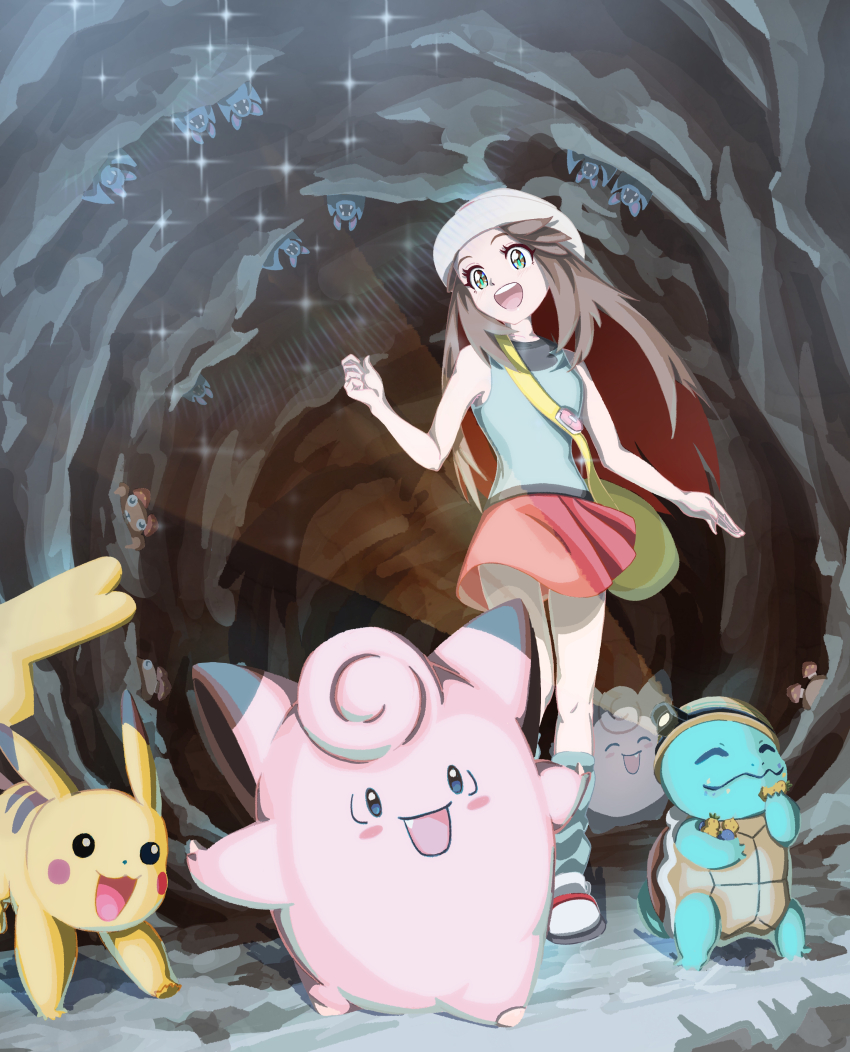 1girl :d absurdres bag brown_hair cave_interior clefairy commentary eyelashes gen_1_pokemon green_eyes green_shirt hat highres keeno-ringo46 knees leaf_(pokemon) long_hair loose_socks nintendo open_mouth paras pikachu pleated_skirt pokemon pokemon_(creature) pokemon_frlg shirt shoes shoulder_bag skirt sleeveless sleeveless_shirt smile socks sparkle squirtle standing teeth tongue upper_teeth_only vs_seeker yellow_bag zubat