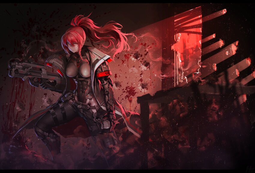 1girl assault_rifle belt black_jacket black_leotard black_pants blood blood_splatter borrowed_character braid braided_sidelock breasts broken_window bullet_hole closed_mouth commission covered_navel dated_commentary feet_out_of_frame gloves gun hetza_(hellshock) indoors jacket large_breasts leotard original pants ponytail red_hair red_theme rifle skeb_commission skin_tight smoke smoking_barrel solo standing table weapon