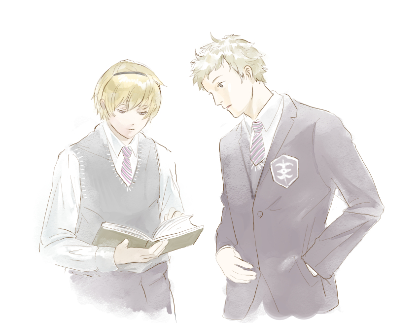 2boys bavaa blonde_hair book fire_emblem fire_emblem_fates hairband highres holding holding_book leo_(fire_emblem_fates) multiple_boys necktie nintendo odin_(fire_emblem) school_uniform upper_body white_background