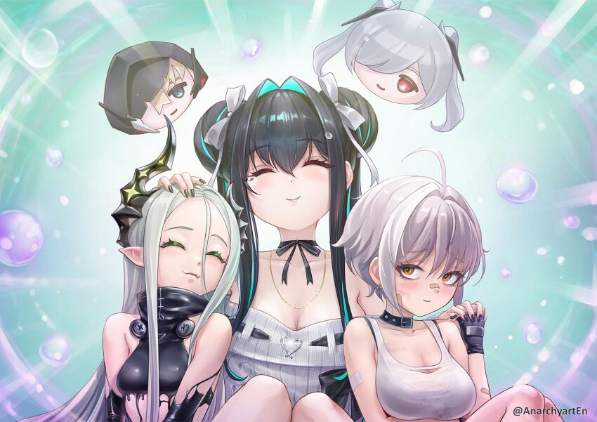3girls ahoge anarchyart aqua_hair bandaid bandaid_on_face bandaid_on_nose bare_shoulders black_hair black_horns black_liquid blush breasts cinderella_(nikke) cleavage colored_inner_hair double_bun dress forehead gloves goddess_of_victory:_nikke grave_(nikke) green_eyes grey_hair hair_between_eyes hair_bun hair_intakes highres horns large_breasts leviathan_(nikke) little_mermaid_(beautiful_bubble)_(nikke) little_mermaid_(nikke) long_hair long_sleeves mori_(nikke) multicolored_hair multiple_girls off-shoulder_sweater off_shoulder official_alternate_costume official_alternate_hairstyle piercing pointy_ears short_hair small_breasts smile sweater twintails very_long_hair yellow_eyes
