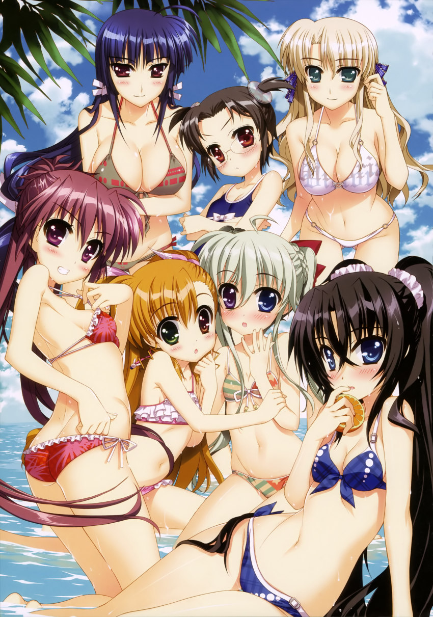 10s 6+girls :o absurdres arm_grab arm_support ass beach bikini bikini_pull black_hair blonde_hair blue_eyes blush breasts butt_crack cleavage clothes_pull crossed_arms einhard_stratos els_tasmin finger_to_mouth flat_chest food frilled_bikini frills front-tie_top fruit fujima_takuya glasses green_eyes green_hair grin hair_ribbon harry_tribeca heterochromia highres large_breasts leaning_forward long_hair looking_at_viewer looking_back lyrical_nanoha mahou_shoujo_lyrical_nanoha_vivid mikaya_chevelle midriff multiple_girls navel o-ring o-ring_bottom o-ring_top official_art one-piece_swimsuit orange_(fruit) pulling_own_clothes purple_eyes purple_hair red_eyes red_hair ribbon scrunchie side-tie_bikini_bottom sieglinde_eremiah small_breasts smile strap_lift swimsuit thigh_gap twintails very_long_hair viktoria_dahlgrun vivio wet