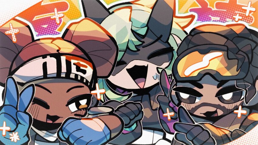 1boy 2girls ^_^ alter_(apex_legends) animification apex_legends black_eyes black_gloves blue_gloves bright_pupils brown_eyes brown_hair closed_eyes double_bun earpiece gloves goggles goggles_on_head green_hair hair_bun headband horns lifeline_(apex_legends) looking_to_the_side mechanical_horns mirage_(apex_legends) multiple_girls rice_sugois short_hair smile sweat v white_headband white_pupils