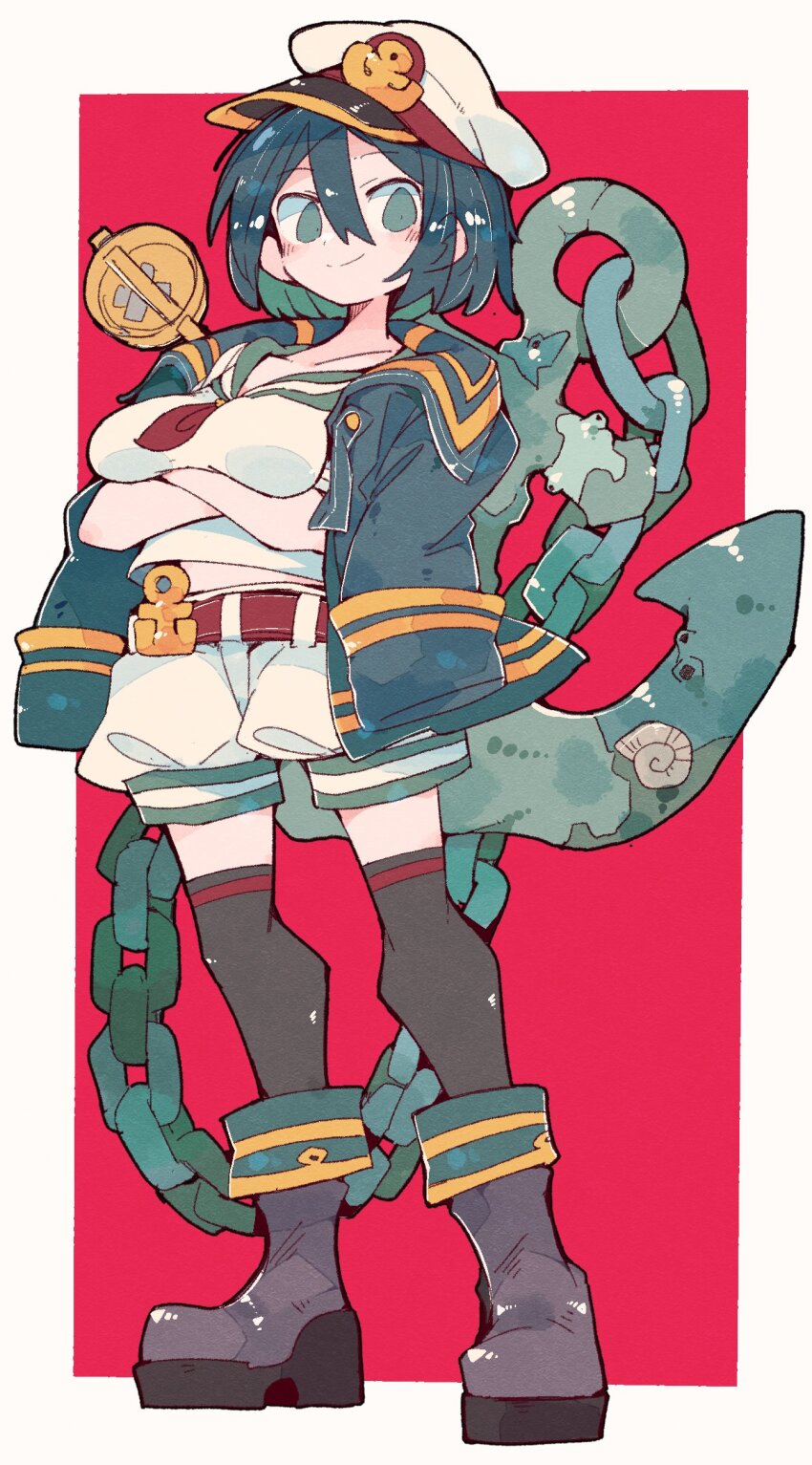1girl absurdres anchor arms_up black_boots black_hair black_jacket black_thighhighs boots border breasts closed_mouth crossed_arms full_body green_eyes hair_between_eyes hat helix highres hishaku jacket long_sleeves looking_at_viewer massakasama medium_breasts murasa_minamitsu red_background sailor sailor_hat shirt short_hair shorts smile solo standing sunken_fossil_world thighhighs touhou white_border white_hat white_shirt white_shorts