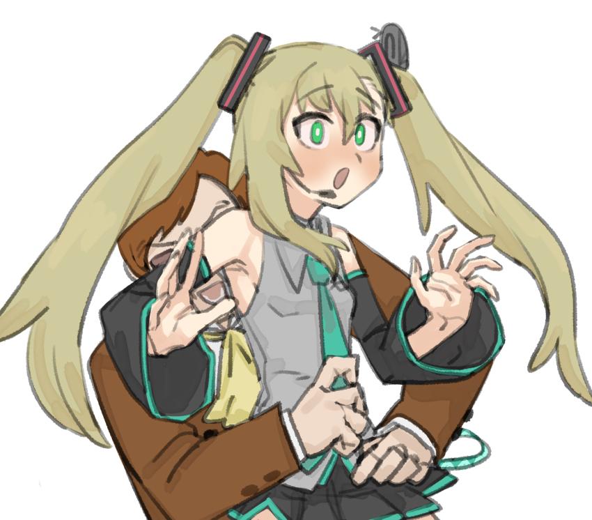 1boy 1girl :o aqua_necktie armpits ascot asymmetrical_bangs black_skirt blazer blonde_hair blush breasts brown_hair brown_jacket collared_shirt cosplay derivative_work detached_sleeves full-face_blush grabbing_from_behind green_eyes grey_shirt hair_ornament hands_up hatsune_miku hatsune_miku_(cosplay) highres insect_hair_ornament jacket long_hair matangom matangomu-chan microphone muska necktie open_mouth original parody pillbug pleated_skirt shirt short_hair simple_background skirt sleeveless sleeveless_shirt small_breasts surprised tenkuu_no_shiro_laputa twintails upper_body v-shaped_eyebrows vocaloid white_background white_shirt wide-eyed yellow_ascot