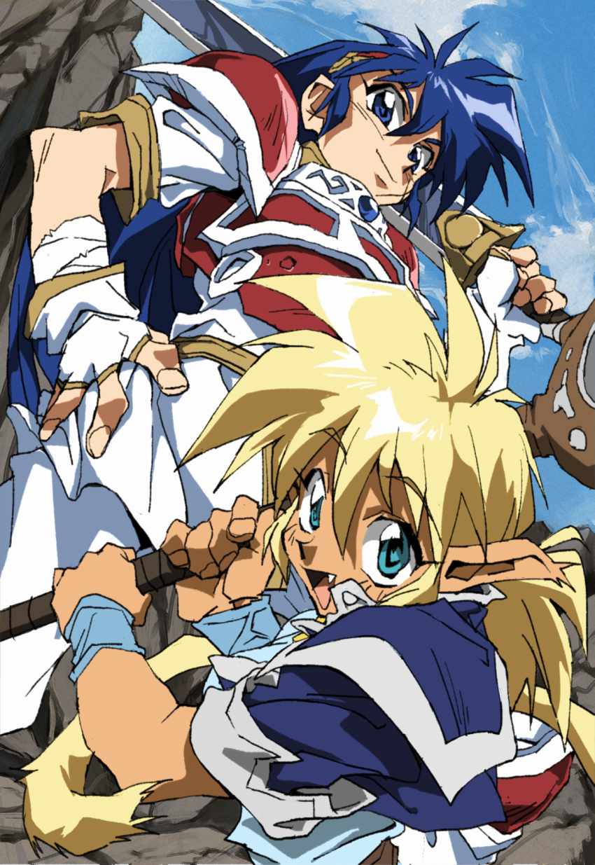 1990s_(style) 2girls armor blonde_hair blue_eyes blue_hair breastplate carrying_over_shoulder closed_mouth dark-skinned_female dark_skin day fam_(ruin_explorers) fang fingerless_gloves gloves hairband hand_on_own_hip highres hikyou_tanken_fam_&amp;_ihrie holding holding_staff holding_sword holding_weapon ihrie long_hair looking_at_viewer multiple_girls open_mouth outdoors pauldrons pointy_ears retro_artstyle shino_(2919) shoulder_armor smile staff sword tail weapon wristband