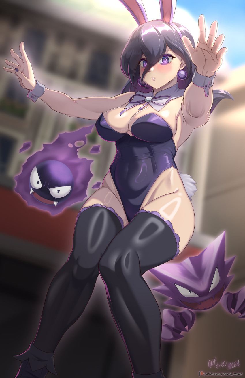 1girl @_@ absurdres animal_ears black_hair black_thighhighs blurry blurry_background breasts day detached_collar earrings gastly gen_1_pokemon hair_between_eyes haunter hex_maniac_(pokemon) hex_maniac_(pokemon_legends:_z-a) highres jewelry knees_together_feet_apart leotard long_hair mixed-language_commentary nail_polish neck_ribbon nintendo outdoors outstretched_arms patreon_logo playboy_bunny pokemon pokemon_(creature) pokemon_legends:_z-a purple_eyes purple_ribbon rabbit_ears ribbon shiny_skin shoes standing thighhighs vilde_loh_hocen watermark web_address wrist_cuffs