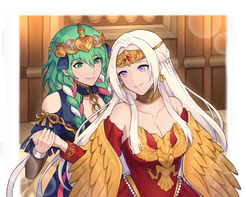 2girls braid breasts cleavage commentary commission dress edelgard_von_hresvelg edelgard_von_hresvelg_(adorned_eagle) english_commentary female_byleth_(enlightened)_(fire_emblem) female_byleth_(fire_emblem) female_byleth_(sublime_light)_(fire_emblem) fire_emblem fire_emblem:_three_houses fire_emblem_heroes green_eyes highres holding_hands low_twin_braids multiple_girls nintendo official_alternate_costume official_alternate_hairstyle purple_eyes red_dress second-party_source smile tiara twin_braids upper_body white_hair witchi yuri