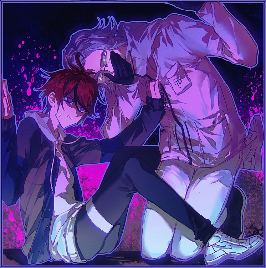 2boys absurdres ahoge aizendai aotsuki_eito black_gloves black_pants black_shoes blood blood_splatter blue_eyes blue_jacket blue_outline breast_pocket chinese_commentary covering_own_mouth cramped drawstring full_body glasses gloves grey_hair grey_jacket hand_on_another&#039;s_chest hand_over_own_mouth highres hood hoodie jacket kneeling male_focus multicolored_hair multicolored_jacket multiple_boys open_clothes open_jacket outline pants pink_blood pocket red_hair shoes short_hair sitting streaked_hair sumino_takumi the_hundred_line_-last_defense_academy- thigh_strap two-tone_jacket white_hoodie white_jacket white_pants white_shoes