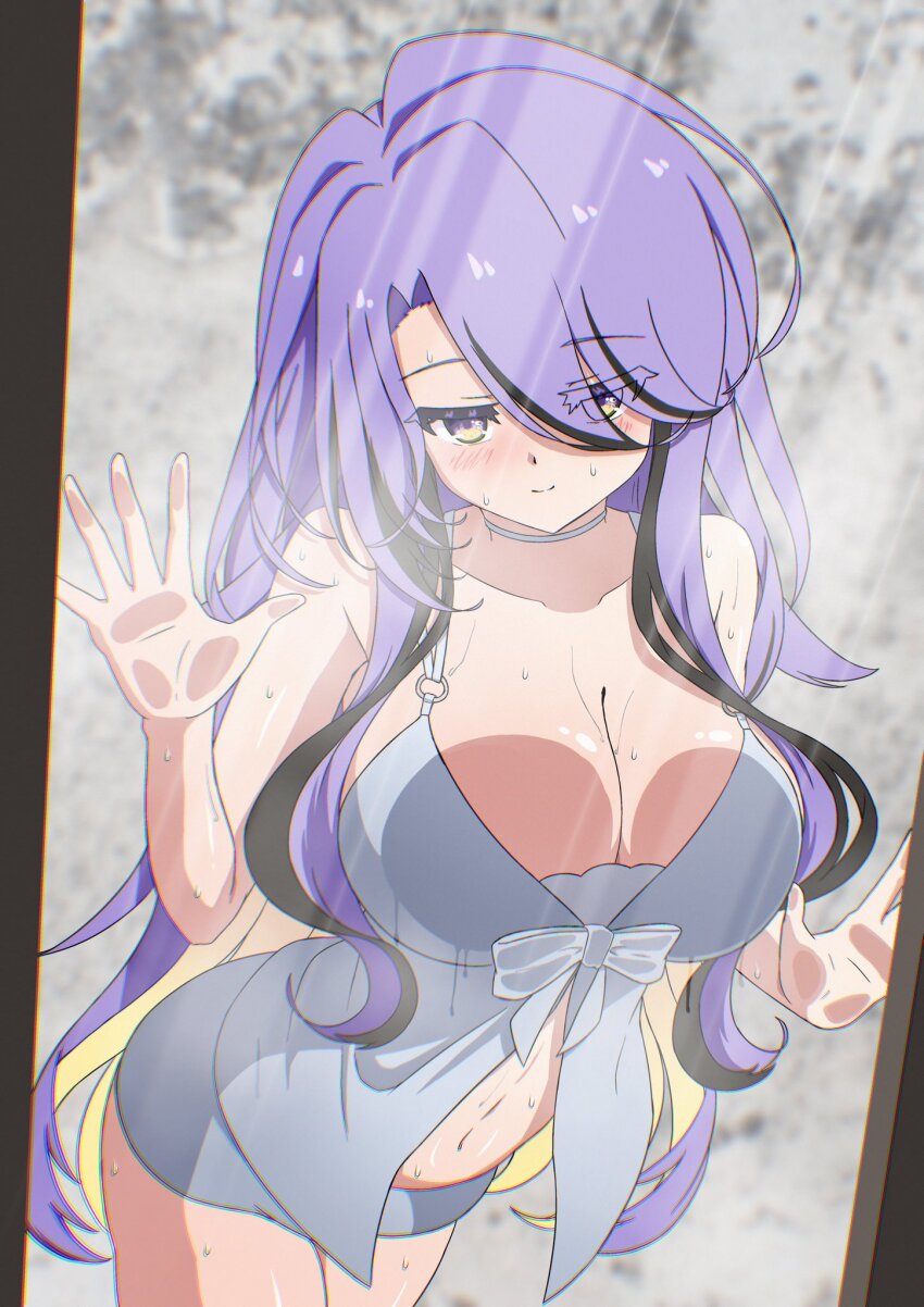 1girl against_glass black_hair blonde_hair blush breast_press breasts_on_glass closed_mouth collarbone commission hair_between_eyes hand_on_glass highres hololive hololive_indonesia kaiyen long_hair moona_hoshinova multicolored_hair navel purple_hair solo streaked_hair sweat virtual_youtuber yellow_eyes