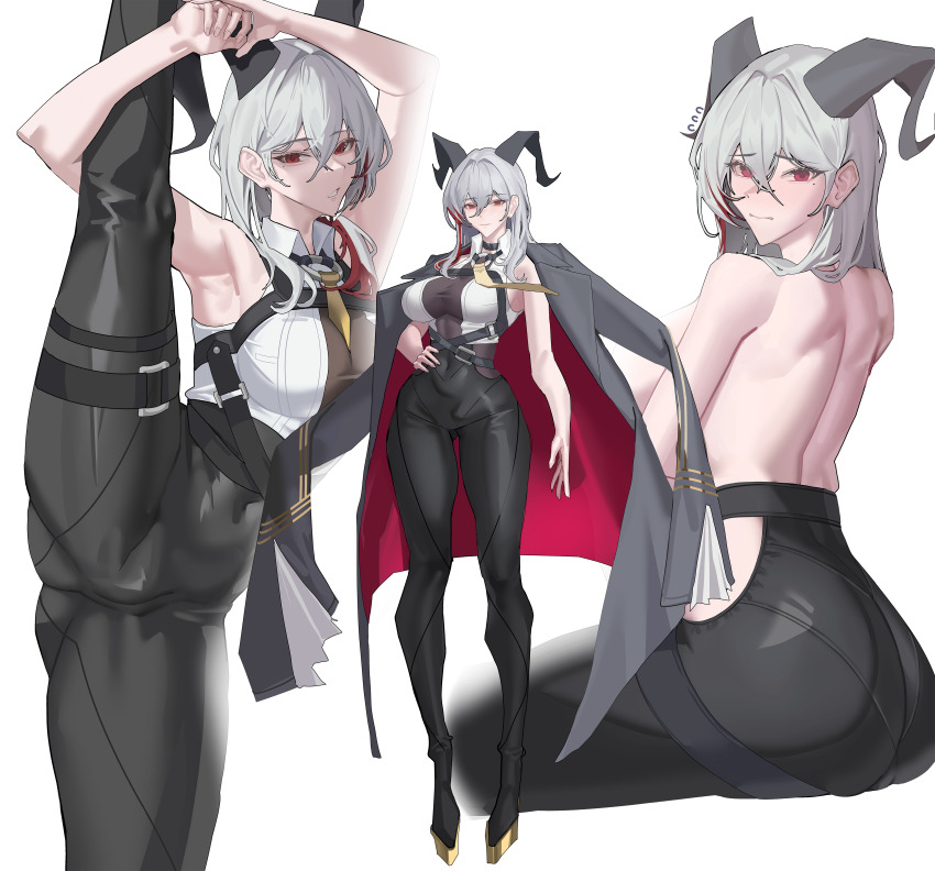 1girl absurdres armpits back bare_shoulders between_breasts black_horns black_jacket black_pants blush breasts cameltoe chest_harness collared_shirt commentary_request cosplay covered_navel curled_horns evelyn_chevalier evelyn_chevalier_(cosplay) flying_sweatdrops gong_dol_hong grey_hair hair_between_eyes hand_on_own_hip harness high-waist_pants highres hip_vent horns invisible_chair jacket jacket_on_shoulders korean_commentary large_breasts long_legs median_furrow medium_hair multicolored_hair multiple_views necktie necktie_between_breasts pants parted_lips red_eyes shirt simple_background sitting split standing standing_on_one_leg standing_split streaked_hair tight_clothes tight_pants topless_female white_background white_shirt wing_collar wuthering_waves yellow_necktie zani_(wuthering_waves) zenless_zone_zero