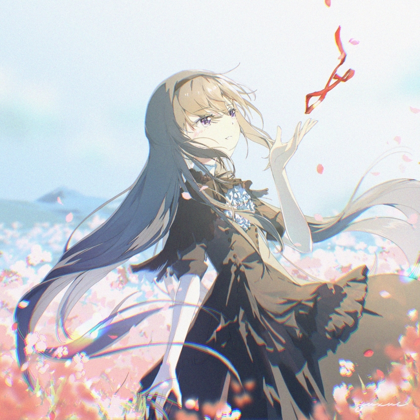 1girl akemi_homura akemi_homura_(black_dress) black_capelet black_dress black_hair black_hairband black_ribbon blue_sky buttons capelet catching cloud collared_shirt commentary day dress eyelashes feet_out_of_frame floating_clothes floating_hair flower frilled_capelet frilled_dress frills hair_between_eyes hairband happy high_collar highres long_dress long_hair looking_at_object mahou_shoujo_madoka_magica mahou_shoujo_madoka_magica:_hangyaku_no_monogatari mountainous_horizon neck_ribbon official_alternate_costume open_mouth outdoors petals pink_flower purple_eyes red_ribbon ribbon shirt shirt_under_dress short_sleeves sidelocks signature sky sleeve_cuffs smile solo standing unworn_ribbon very_long_hair white_shirt wind yujxue