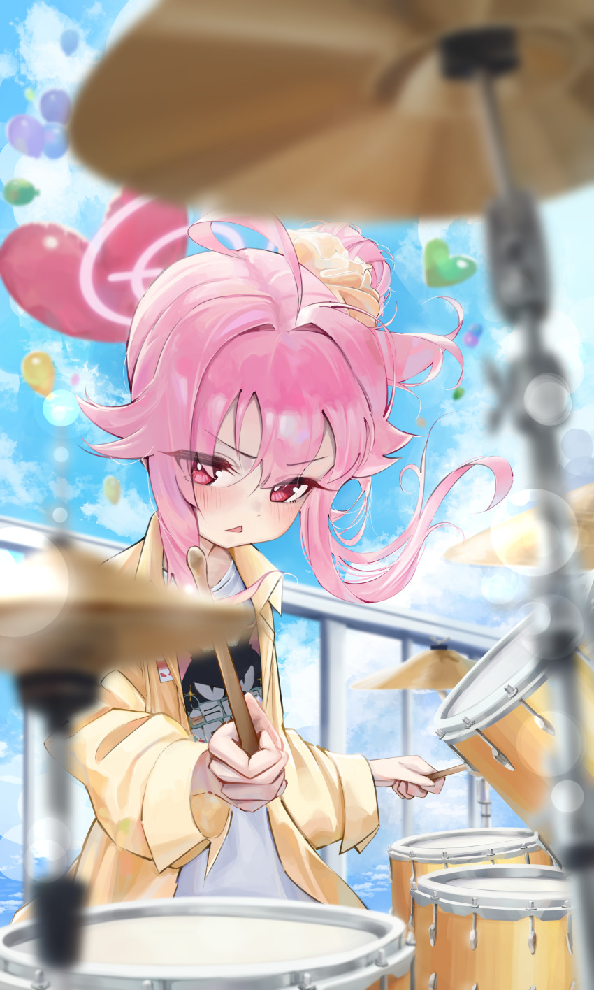 1girl antenna_hair balloon blue_archive blue_sky blush chopsticks drum halo instrument jacket natsu_(band)_(blue_archive) natsu_(blue_archive) pink_hair pink_halo red_eyes shirt sky solo t-shirt ubeuna upper_body