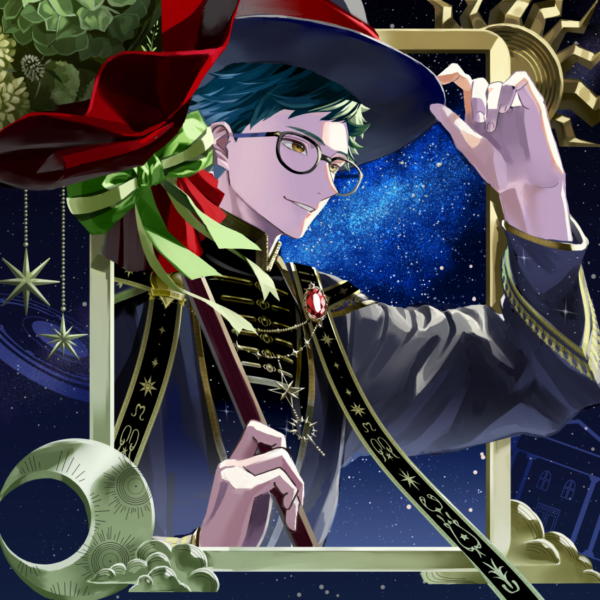 1boy black_robe chikuwa_glasses commentary_request glasses green_hair hat highres looking_to_the_side male_focus robe short_hair solo star_(sky) starry_sky_background trey_clover twisted_wonderland upper_body yellow_eyes
