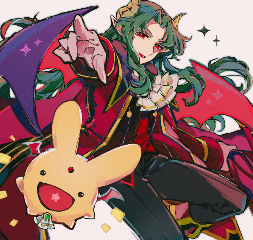 1boy absurdres arm_at_side ascot bishounen black_pants blue_wings carbuncle_(puyopuyo) coat cowboy_shot creature curtained_hair demon_wings film_grain frilled_ascot frills grey_background grey_outline half-closed_eyes hand_up highres horns knee_up long_hair long_sleeves looking_at_viewer male_focus merumerumerume middle_part open_clothes open_coat open_mouth outline outstretched_arm pale_skin pants pointing pointing_at_viewer pointy_ears puyopuyo red_coat red_eyes red_wings satan_(puyopuyo) sidelocks simple_background solo sparkle two-tone_wings very_long_hair watercolor_effect white_ascot wings yellow_horns yellow_trim