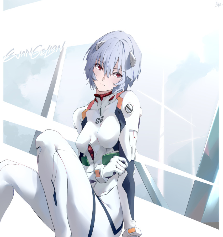 1girl artist_name ayanami_rei blue_hair bodysuit breasts closed_mouth collar copyright_name female_focus gloves hair_between_eyes hair_ornament highres interface_headset_(evangelion) kips looking_at_viewer mecha_pilot_suit medium_breasts neon_genesis_evangelion plugsuit_(evangelion) red_eyes short_hair signature simple_background sitting solo white_bodysuit white_gloves
