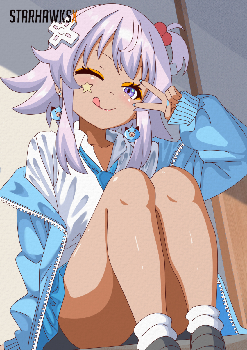 1girl artist_name blue_jacket blue_nails blue_necktie blue_skirt d-pad d-pad_hair_ornament earrings eyeshadow grey_shorts gyaru hair_ornament hand_up highres jacket jewelry makeup nail_polish necktie neptune_(neptunia) neptune_(series) one_eye_closed one_side_up open_clothes open_jacket purple_hair rivia shirt short_hair shorts sidelocks sitting skirt socks solo tongue tongue_out unzipped v v_over_eye watermark white_shirt white_socks zipper