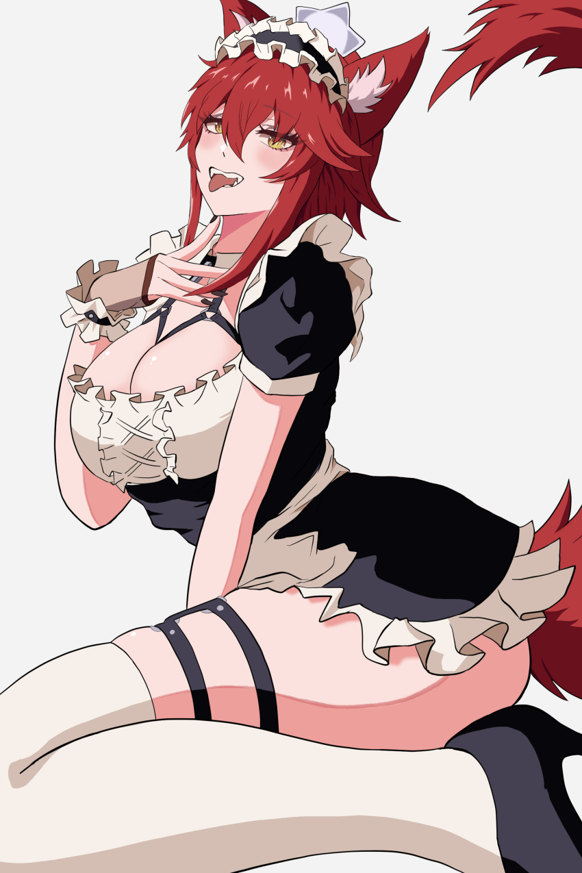 1girl absurdres alternate_costume animal_ear_fluff animal_ears black_dress black_shoes black_thighhighs breasts cleavage dress fingerless_gloves fishnet_gloves fishnets gloves high_heels highres indie_virtual_youtuber large_breasts looking_at_viewer meibin official_alternate_hair_length official_alternate_hairstyle open_mouth shoes solo tail thigh_strap thighhighs tongue tongue_out virtual_youtuber white_background wolf_ears wolf_girl wolf_tail yellow_eyes zentreya