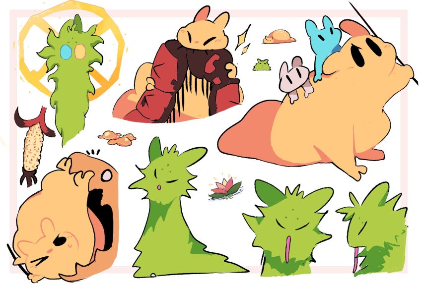 &gt;_o black_eyes blue_eyes blue_fur bug caramel_lizard_(rain_world) centipede centipede_(rain_world) closed_eyes commentary_request creature creature_focus dragon facial_mark fluffy forehead_mark gourmand_(rain_world) green_fur heterochromia highres holding holding_polearm holding_weapon kalizk5 karma_symbol_(rain_world) lilypuck_(rain_world) lizard lizard_(rain_world) long_tongue monster multiple_views no_humans one_eye_closed open_mouth polearm popcorn_plant_(rain_world) profile rain_world red_centipede_(rain_world) saint_(rain_world) slime_mold_(rain_world) slugcat slugpup spanish_commentary sparkle tongue tongue_out unusually_open_eyes weapon white_background white_eyes white_fur yellow_eyes yellow_fur